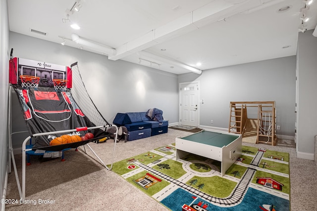 rec room with track lighting and carpet flooring