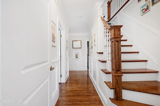 hall featuring ornamental molding and dark wood-type flooring