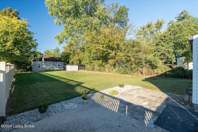 view of yard featuring a patio area and a shed