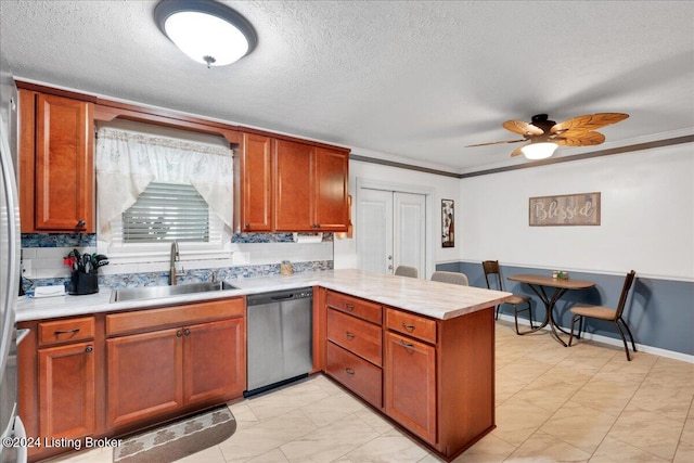 kitchen with dishwasher, sink, crown molding, and kitchen peninsula