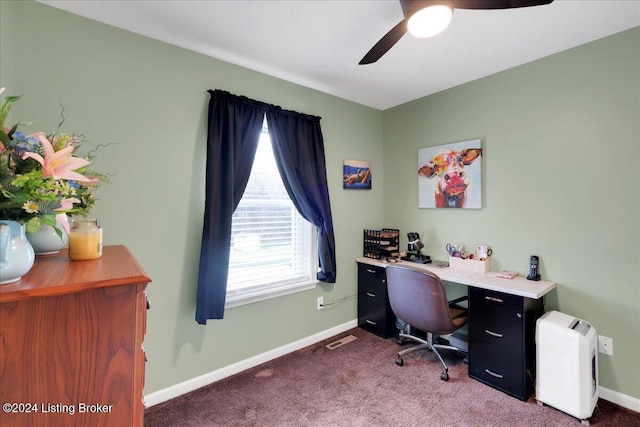 home office featuring carpet floors and ceiling fan