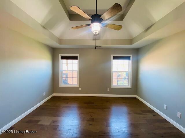 unfurnished room with a wealth of natural light, baseboards, and a tray ceiling