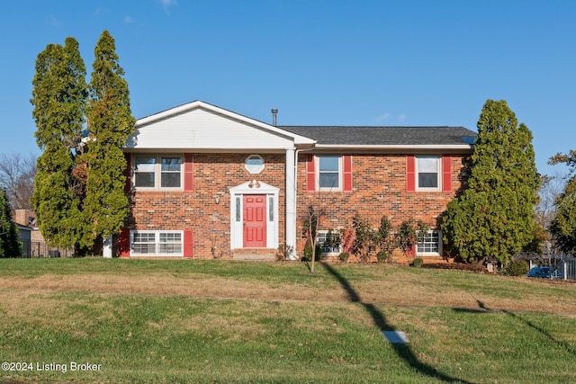 raised ranch featuring a front lawn