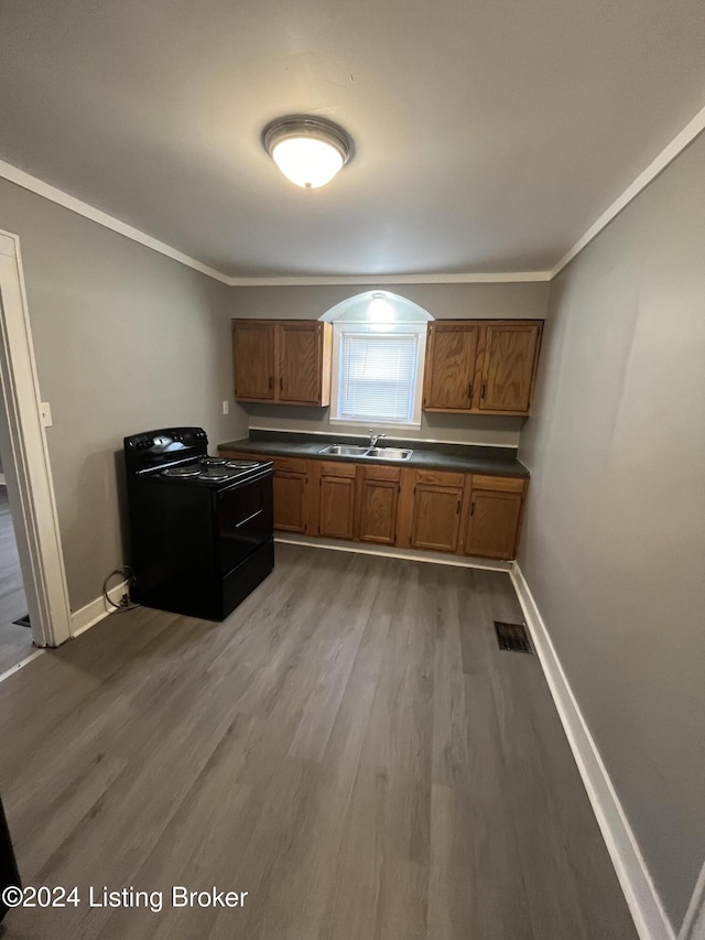 kitchen with hardwood / wood-style floors, electric range, ornamental molding, and sink