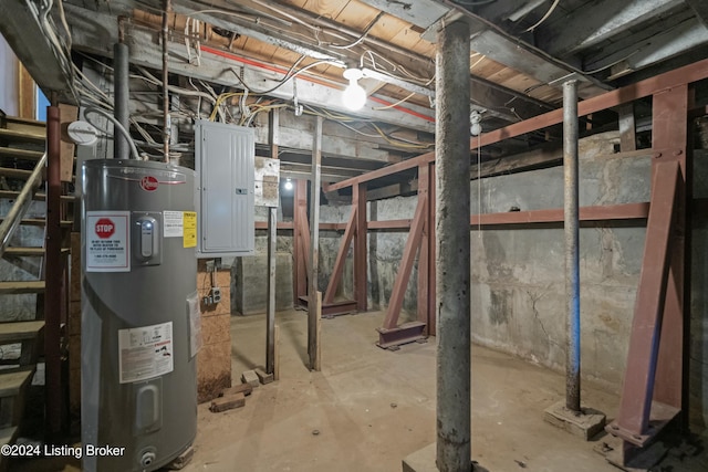 basement featuring electric water heater and electric panel