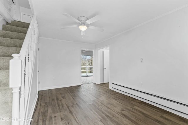 unfurnished room with ceiling fan, wood-type flooring, crown molding, and a baseboard heating unit