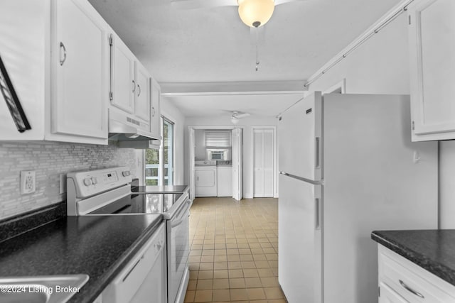 kitchen featuring washing machine and clothes dryer, white cabinetry, ceiling fan, and white appliances