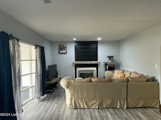 living room with a large fireplace, wood-type flooring, and a textured ceiling