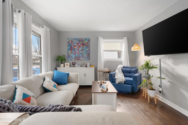 living room with dark hardwood / wood-style flooring