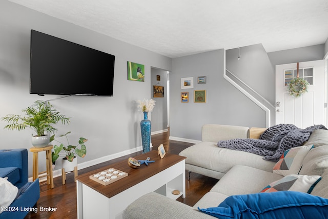 living room with dark hardwood / wood-style flooring