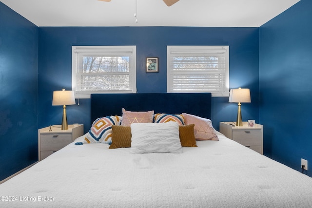 bedroom featuring ceiling fan and multiple windows