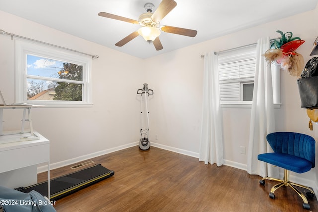 miscellaneous room with hardwood / wood-style floors and ceiling fan