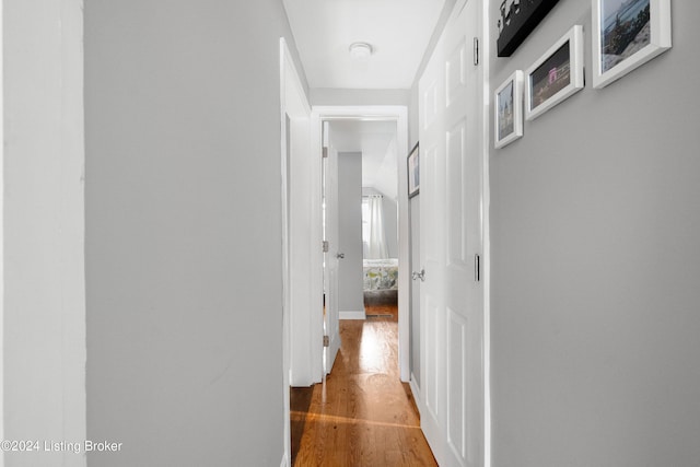 corridor with wood-type flooring