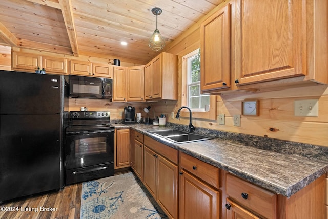 kitchen with sink, black appliances, wooden ceiling, dark hardwood / wood-style floors, and hanging light fixtures