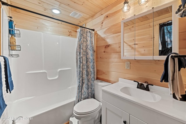 full bathroom with vanity, shower / bath combo with shower curtain, wooden ceiling, toilet, and wood walls