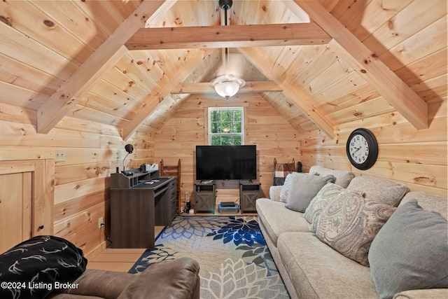 living room featuring wooden walls, lofted ceiling with beams, and wooden ceiling