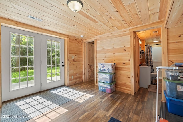 doorway to outside with wood walls, dark wood-type flooring, and wooden ceiling