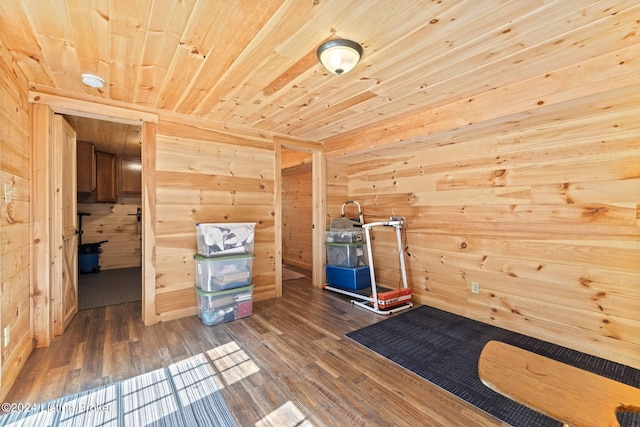 interior space with dark hardwood / wood-style flooring, wooden ceiling, and wood walls