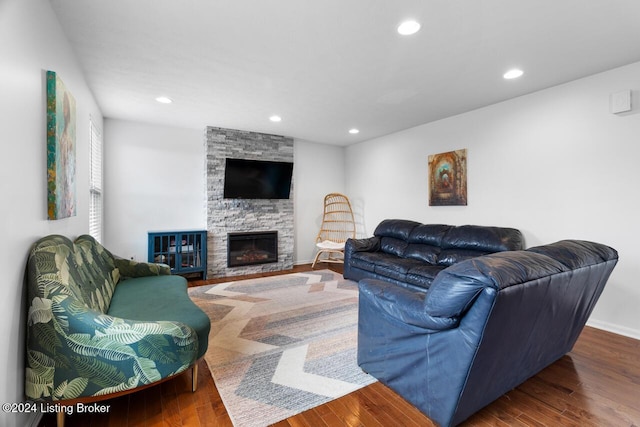 living room featuring a fireplace and wood-type flooring