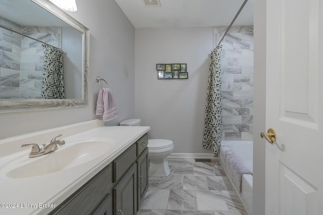 full bathroom featuring vanity, shower / bath combination with curtain, and toilet