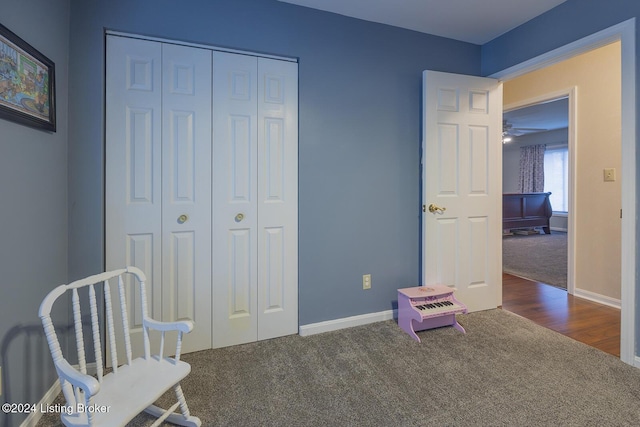 living area with dark carpet