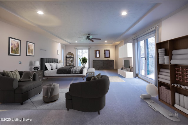 living room with light colored carpet and ceiling fan