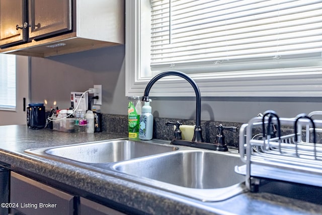 details with dark brown cabinets and sink