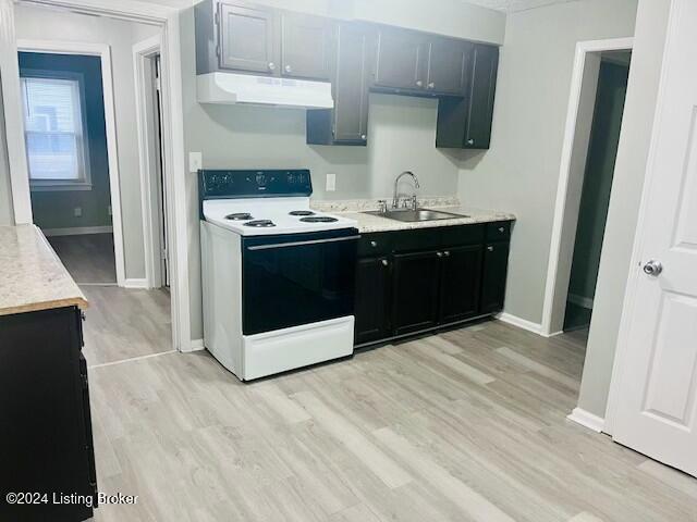 kitchen with electric range, sink, and light hardwood / wood-style flooring