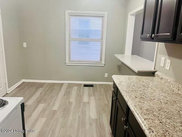 clothes washing area featuring light hardwood / wood-style flooring and cabinets