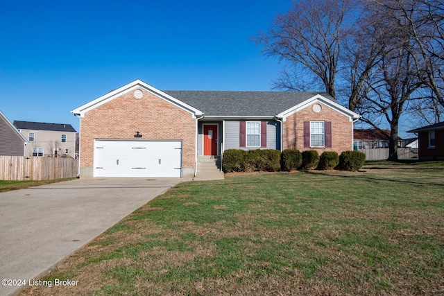 ranch-style house featuring driveway, brick siding, a front yard, and fence