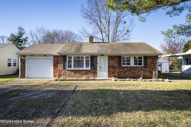 ranch-style house with a garage and a front lawn