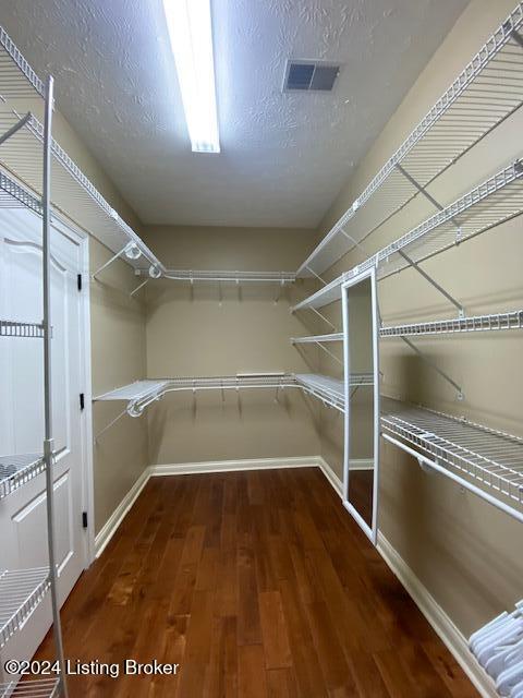 walk in closet with dark hardwood / wood-style floors