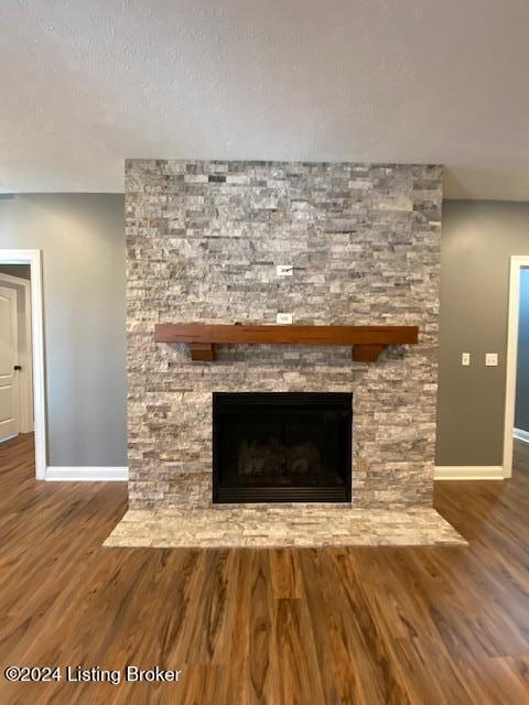 interior details with wood-type flooring, a textured ceiling, and a stone fireplace