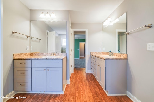 bathroom featuring vanity and hardwood / wood-style flooring