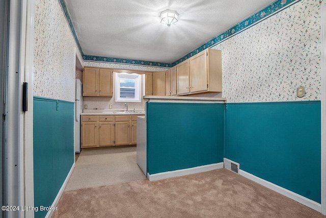 kitchen featuring a textured ceiling, light brown cabinetry, sink, and light carpet