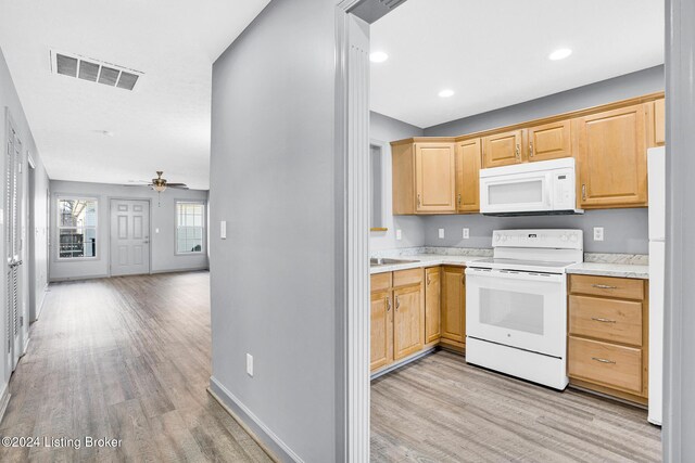 kitchen with light wood-type flooring, light brown cabinets, white appliances, and ceiling fan