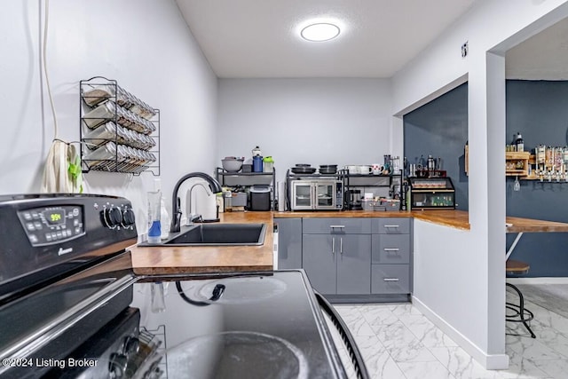 kitchen with gray cabinets, sink, and wood counters