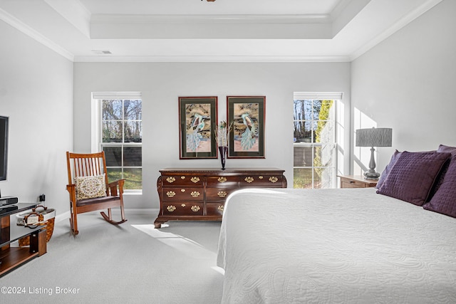 carpeted bedroom featuring a raised ceiling, crown molding, and multiple windows