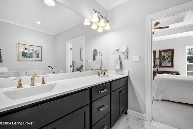 bathroom with crown molding, vanity, and ceiling fan