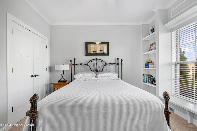 bedroom with carpet flooring, crown molding, and a closet