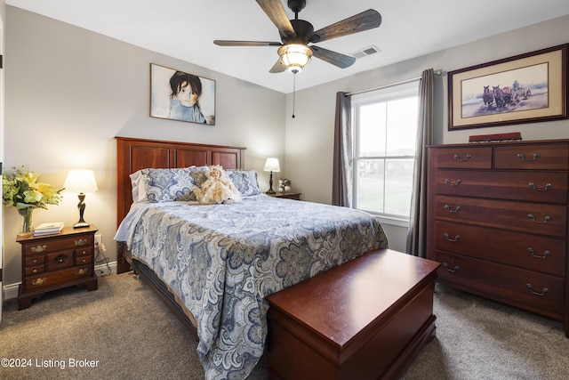 carpeted bedroom with ceiling fan