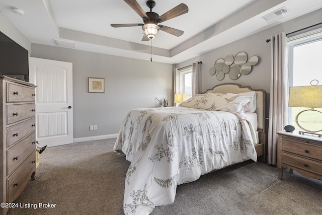 carpeted bedroom featuring a raised ceiling and ceiling fan