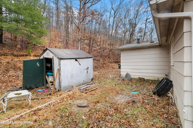 view of yard featuring a storage shed