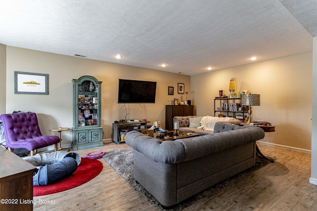 living room with hardwood / wood-style flooring and a textured ceiling