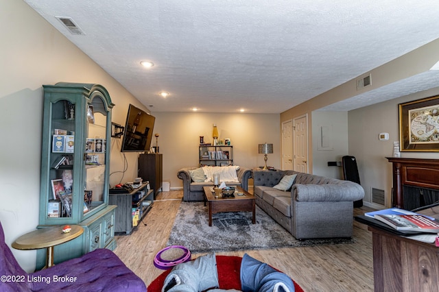 living room featuring a textured ceiling and light hardwood / wood-style flooring