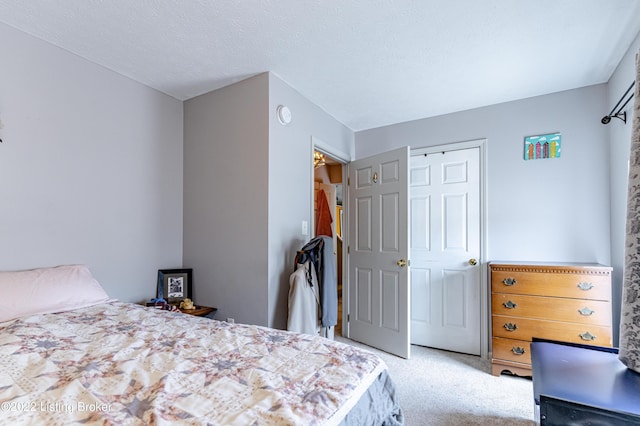 carpeted bedroom with a textured ceiling and a closet