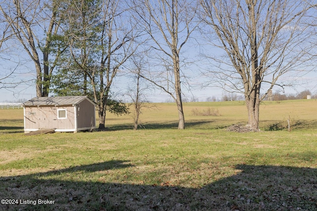 view of yard with a rural view and a shed