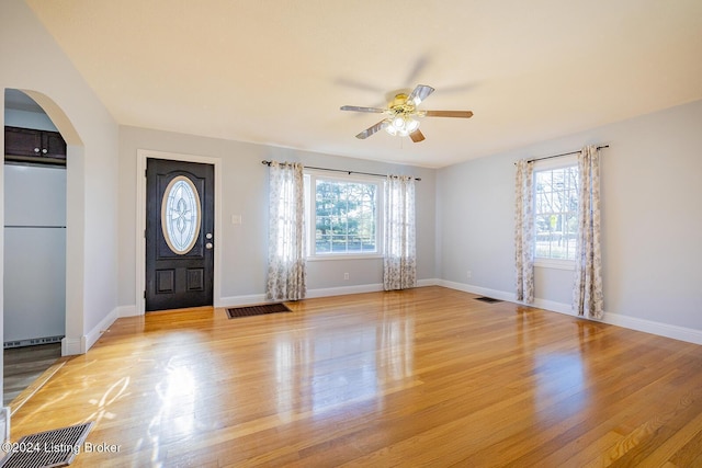 entrance foyer with light wood-type flooring and ceiling fan