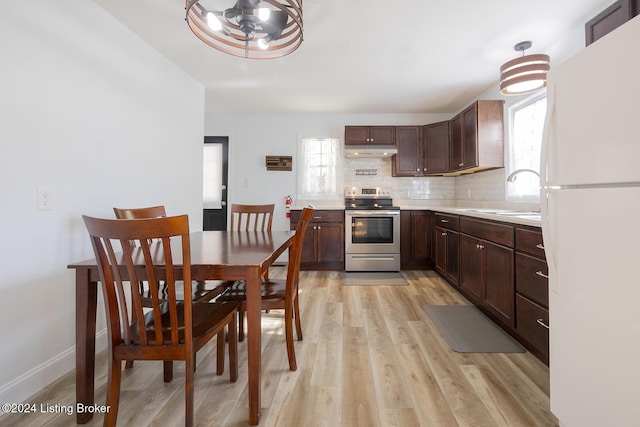 kitchen featuring decorative backsplash, sink, white refrigerator, light hardwood / wood-style flooring, and stainless steel electric range