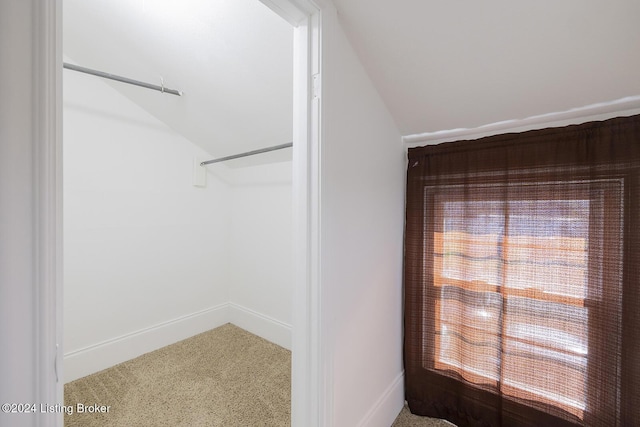 spacious closet with carpet flooring and vaulted ceiling